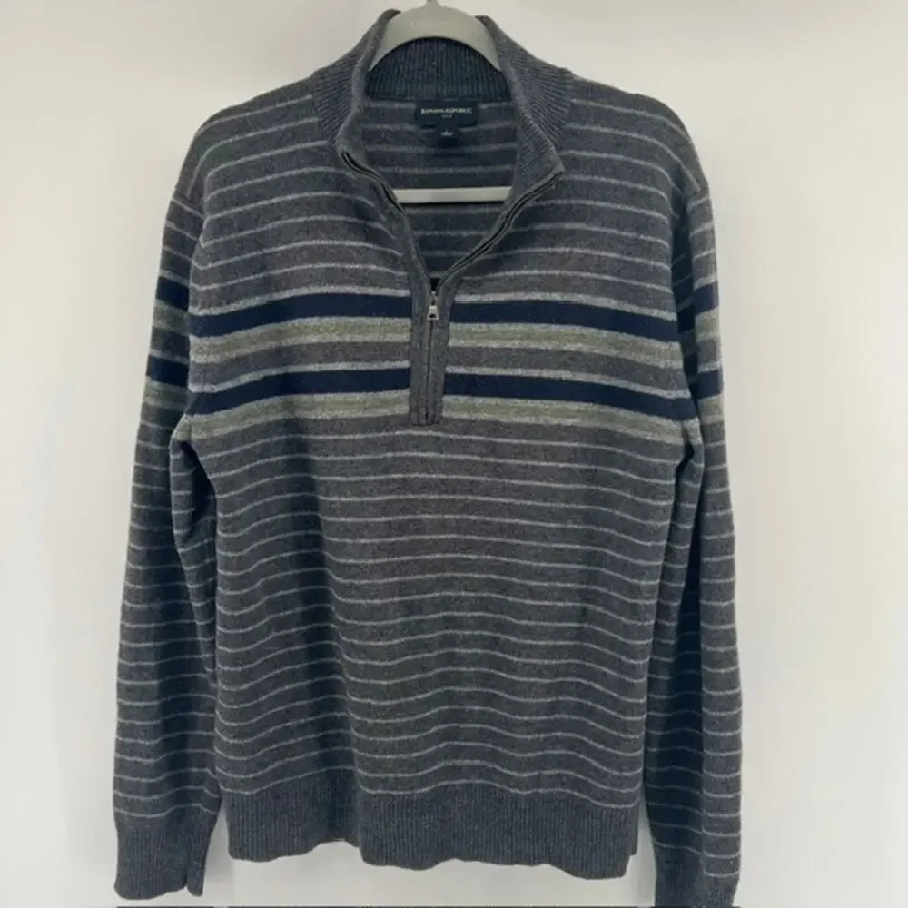 Banana Republic 1/4 Zip Lambs Wool Sweater Mens L Gray Blue Stripe Y2K Preppy